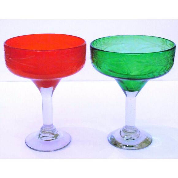 Hand Blown Margarita Glasses Set 2 Artisan Etched Green Red Holiday Stem Glass - Picture 6 of 6